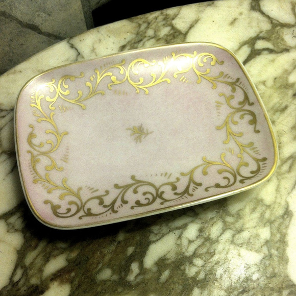 vintage Limoges Saks 5th Porcelain 24k Gold Pink Soap Dish - Picture 1 of 6